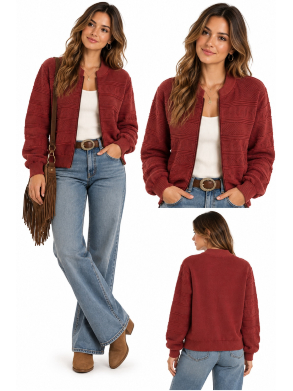 Ruff Hewn Women’s Brick Red Textured Knit Full Zip Sweater Jacket 100% Cotton